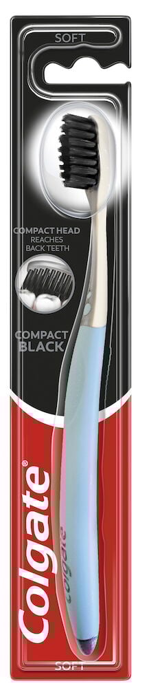 Colgate tandborste med svart kompakt borst och blått skaft.