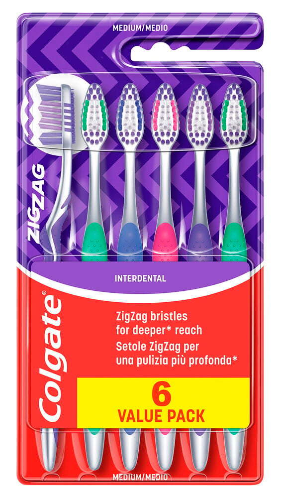En Colgate ZigZag Medium tandborste 6-pack med flerfärgade handtag (grön, blå, rosa, lila) i blisterförpackning.