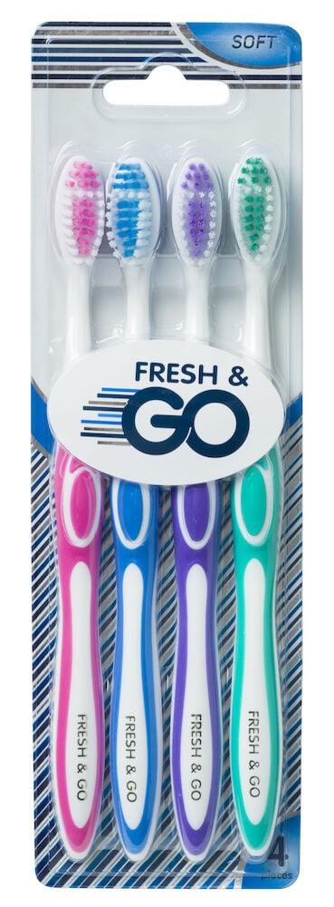 Fyra mjuka tandborstar i olika färger.