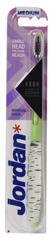 Pakket grønn og hvit Jordan tannbørste medium.