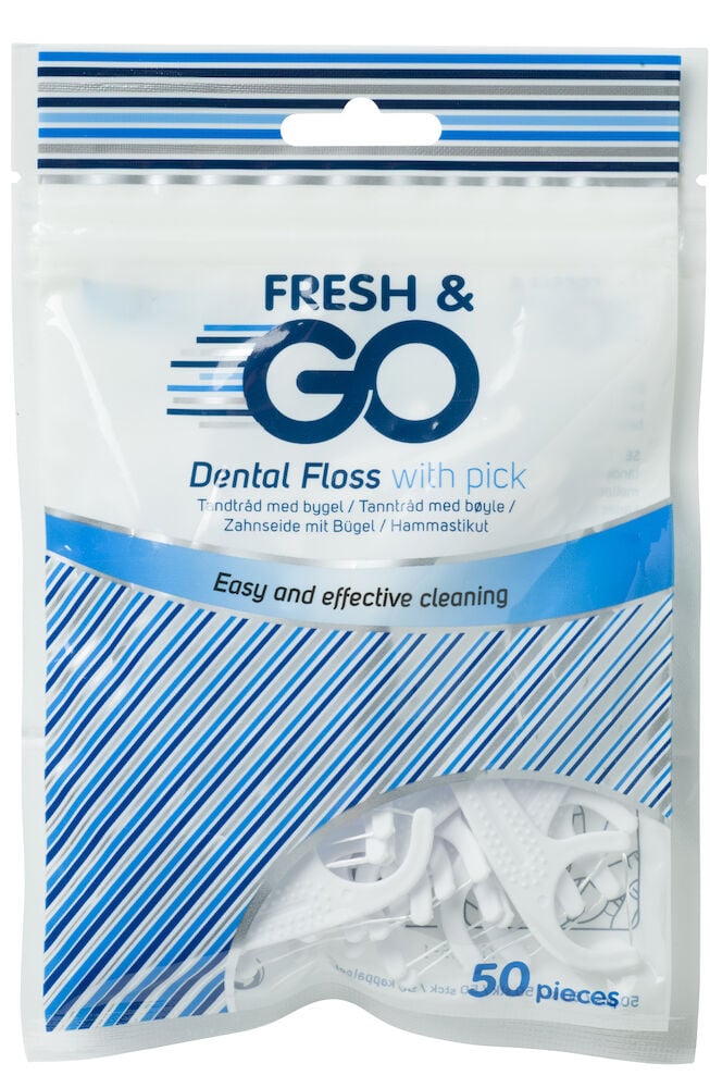 Förpackning med vita tandtrådsbyglar, 50 stycken.