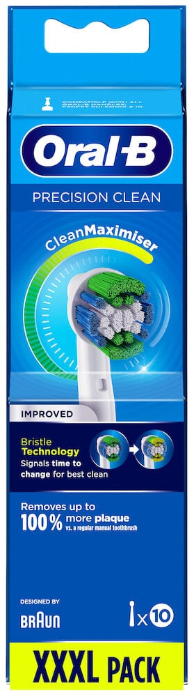 Blå ask med Oral-B tandborsthuvuden tio pack.