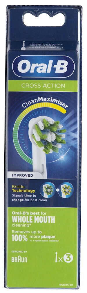 Kolmen mustan harjaspään pakkaus Oral-B:ltä.