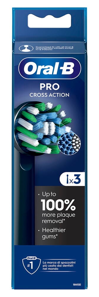 Oral-B Pro Cross Action 3er-Pack Zahnbürstenköpfe mit blauen, grünen und weißen Borsten in schwarzer/blauer Verpackung.