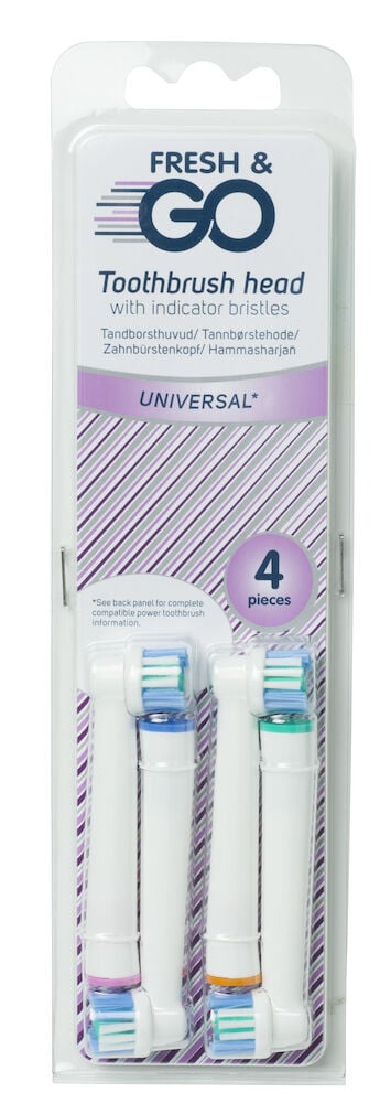 Fyra vita tandborsthuvuden med färgade ringar.