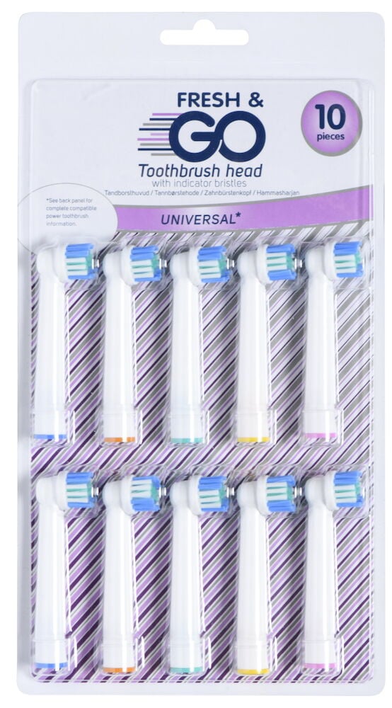 Tio vita tandborsthuvuden med färgade ringar.