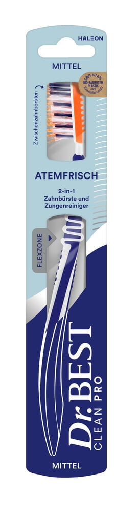 Zahnbürste Dr. Best 1 er-Pack Atemfrisch Mittel, blau-weißer Griff, mittlere Borsten, in hellblauer Verpackung.