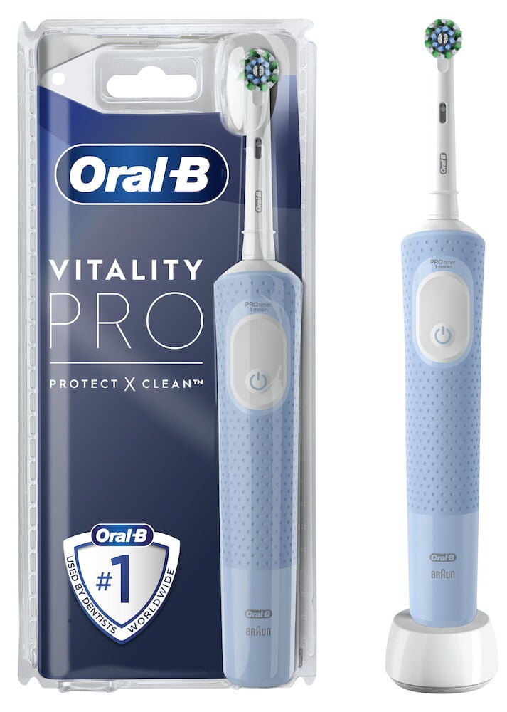 Sininen sähköhammasharja ja pakkaus Oral-B:ltä.