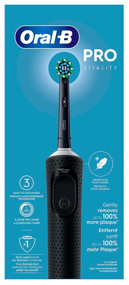 Svart Oral-B Vitality PRO elektrisk tannbørste med rundt børstehode som har grønne, blå og hvite bust.