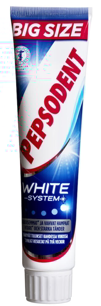 Stor tub Pepsodent White System tandkräm med blå design.