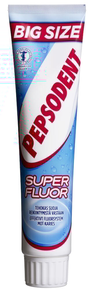 En blå tub Pepsodent tandkräm med röd text.