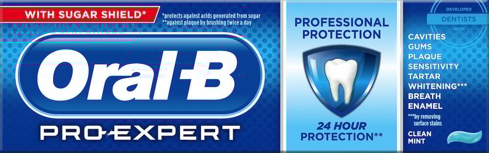 Blå Oral-B tannkremtube med hvit tekst og tann ikon.