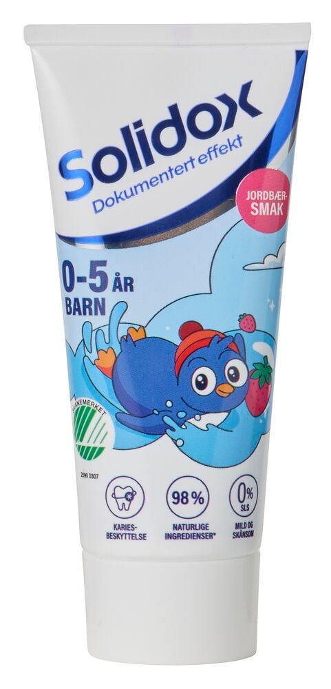 Hvit Solidox barntannkremtube, 0-5 år, 50 ml, jordbærsmak, med en tegnet fugl.