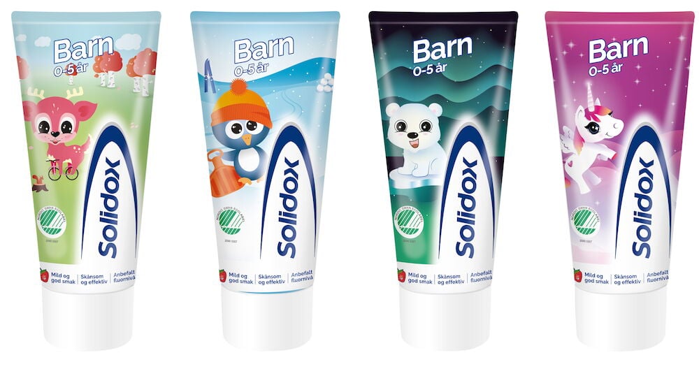 Fire tannkremtuber med dyremotiver for barn.