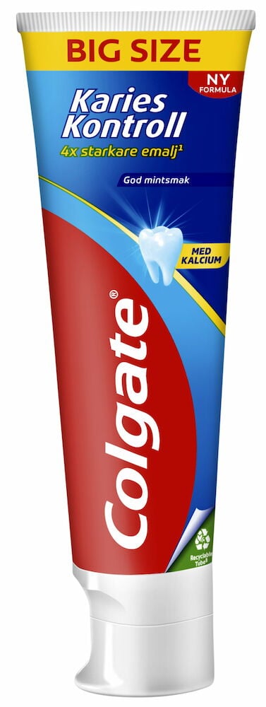 Stor tub Colgate tandkräm för karieskontroll.