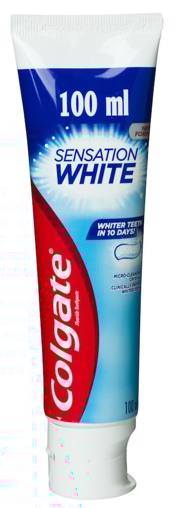 Blå och vit tandkrämstub med Colgate Sensation White.