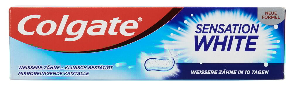 Zahnpasta Colgate 75 ml Sensation White, eine rot-blaue rechteckige Packung mit 'Sensation White' und 'Neue Formel'.