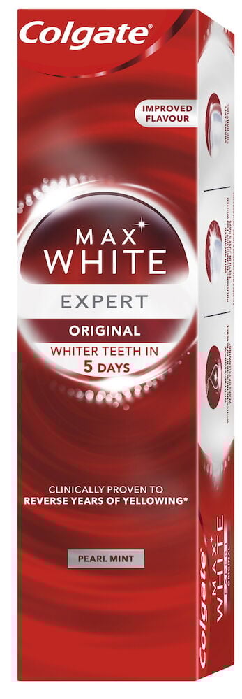 Rød emballasje Colgate Max White Expert tannkrem.