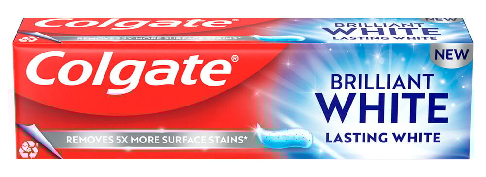 Rød og blå Colgate Brilliant White tannkremboks 75 ml med "NEW"-etikett og tannkremsvirvel-illustrasjon.