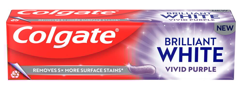 Colgate Brilliant White Vivid Purple 75 ml tannkrem, rød og lilla eske, med lilla tannkremsvirvel.
