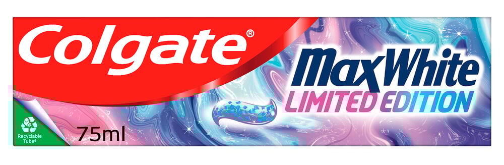 Colgate 75 ml MaxWhite Limited Edition tannkremtube med fargerikt design, tekst og en resirkulerbar tube-logo.