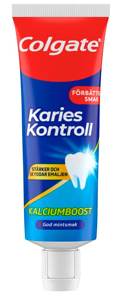 Tandkräm Colgate 20 ml Karies Kontroll Travel Size, en röd och blå tub med vit text och ett vitt lock.