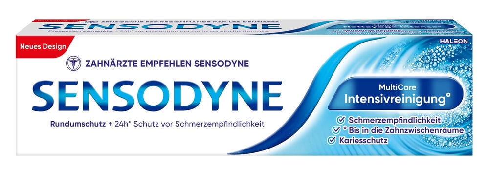 Weiße Sensodyne Zahnpasta 75 ml MultiCare Intensivreinigung Packung mit blauen Akzenten, Vorderansicht.