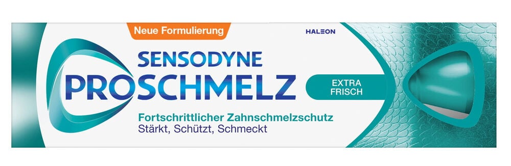 Eine weiße, blaue und türkise Zahnpasta Sensodyne 75 ml Pro Schmelz Extra Fresh Tube.