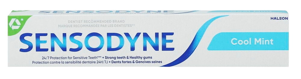 Zahnpasta Sensodyne 75 ml Cool Mint, eine weiße Schachtel mit blauen und grünen Akzenten, Vorderansicht.