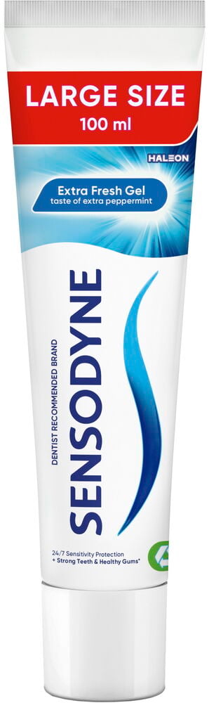 Vit Sensodyne 100 ml Extra Fresh Gel tandkrämstub med blå och röda detaljer, stående upprätt.