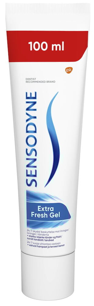 Hvit tube Sensodyne tannkrem Extra Fresh Gel.