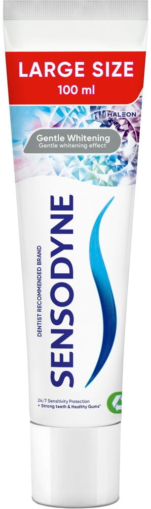 Vit Sensodyne tandkrämstub, 100 ml, med skonsam blekning, rött band med stor storlek, blå text.