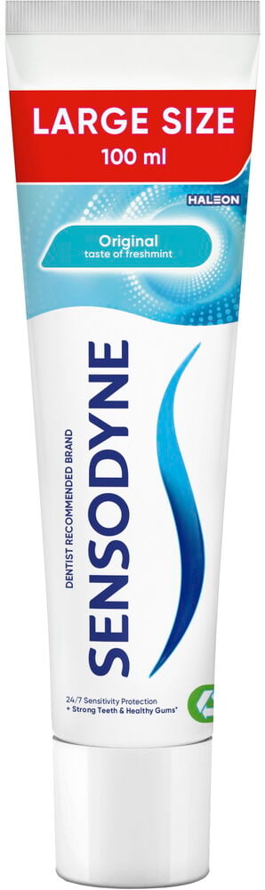 Tandkräm Sensodyne 100 ml Original, vit tub med röd topp, blå vågig design och blå text.