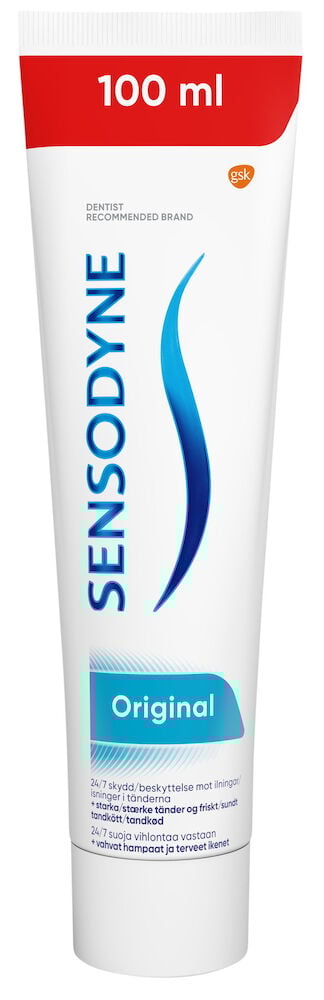 Hvit tube Sensodyne tannkrem original med rød etikett.