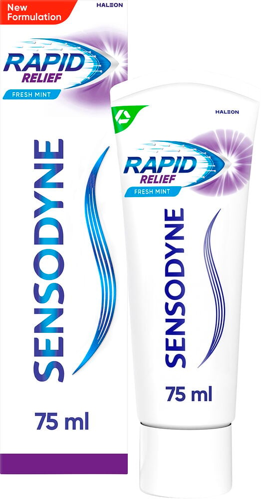 Vit Tandkräm Sensodyne 75 ml Rapid Relief tub med blå och lila grafik, bredvid dess vita förpackning.