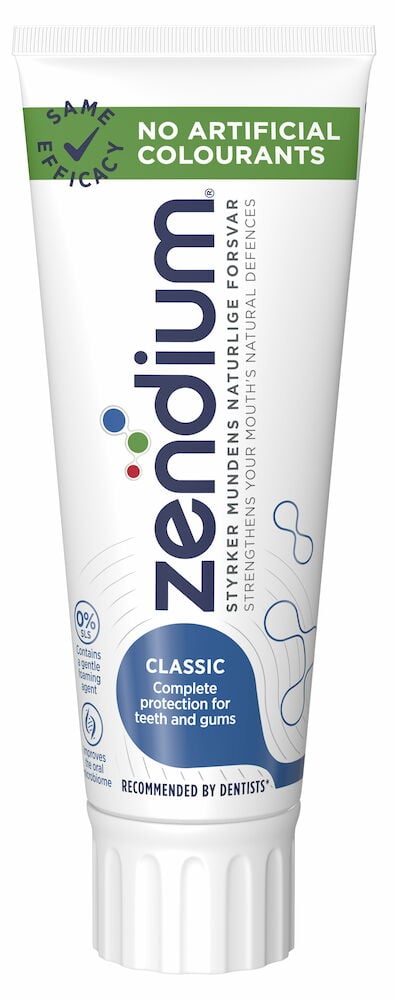 Hvit tube Zendium tannkrem Classic uten kunstige fargestoffer.