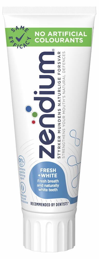 Tannkremtube med blått og grønt trykk.