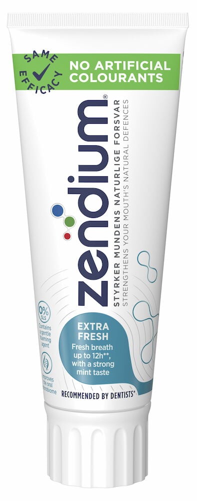 Hvit tube Zendium tannkrem med grønn og blå tekst.