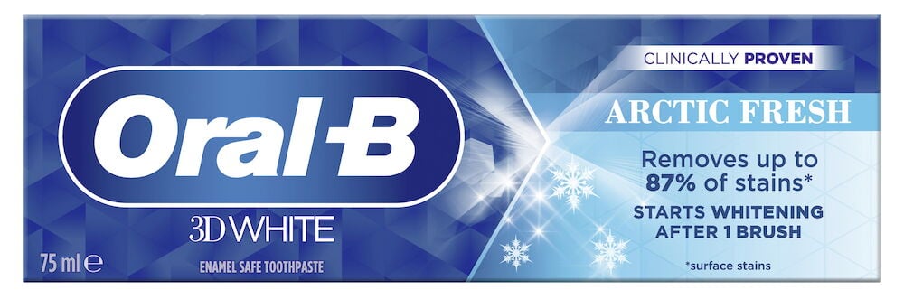 Blå eske OralB 3D White Arctic Fresh tannkrem.