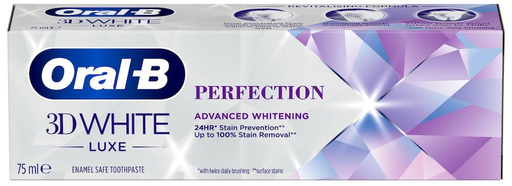 Lila och vit tandkrämask med Oral-B logotyp.