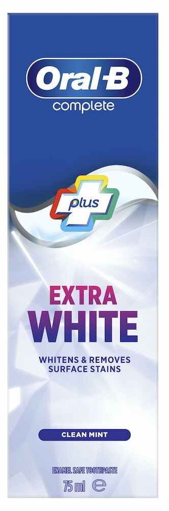 Blå og hvit tannkrememballasje med Extra White tekst.