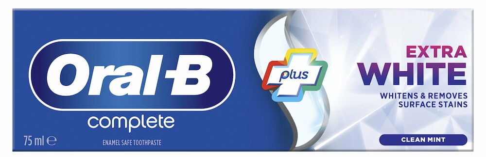 Blå pakke tannkrem Oral-B ekstra hvit.