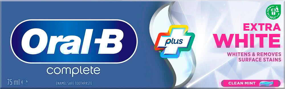 Blå tub tandkräm Oral-B Complete Extra White.