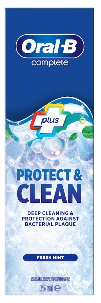 Blå og hvit tannkremforpakning med mintblader og bobler.