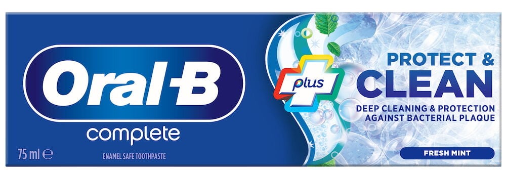 Blå Oral-B tannkremtube med Complete Protect & Clean