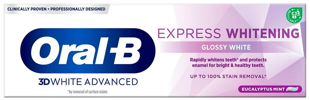 Framsida på Oral-B whitening tandkrämförpackning 75 ml.