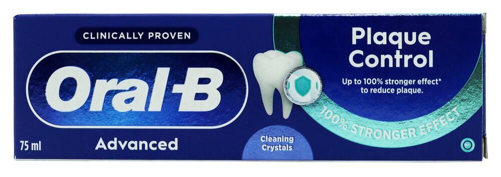 Dunkelblaue Oral-B Plaque Control Zahnpasta, 75 ml, mit weißem Text und Zahngrafik.