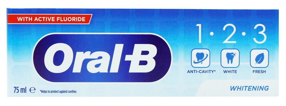 Zahnpasta Oral-B 75 ml Whitening-Karton, blau-weiß mit Markenlogo und Fluoridhinweis.