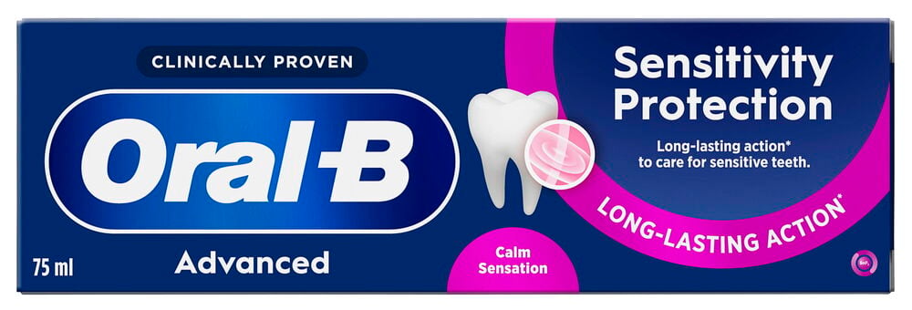 Tandkräm Oral-B 75 ml Clean Mint Sensitivity Protection tub, mörkblå med vit och rosa text.