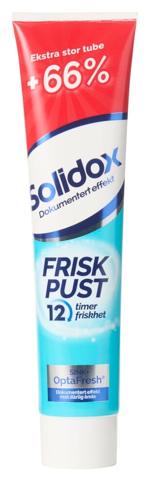 En tannkremtube med rød og blå design.